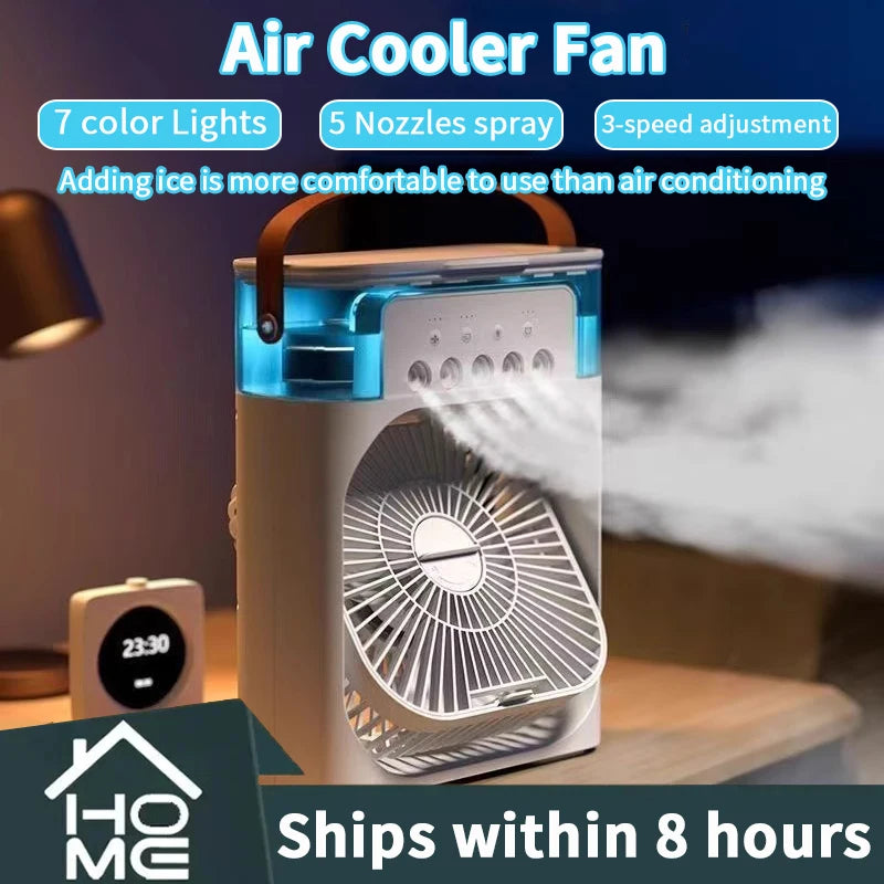 Portable Desktop Air Cooler Fan with Mist Spray & 7 Color LED Lights