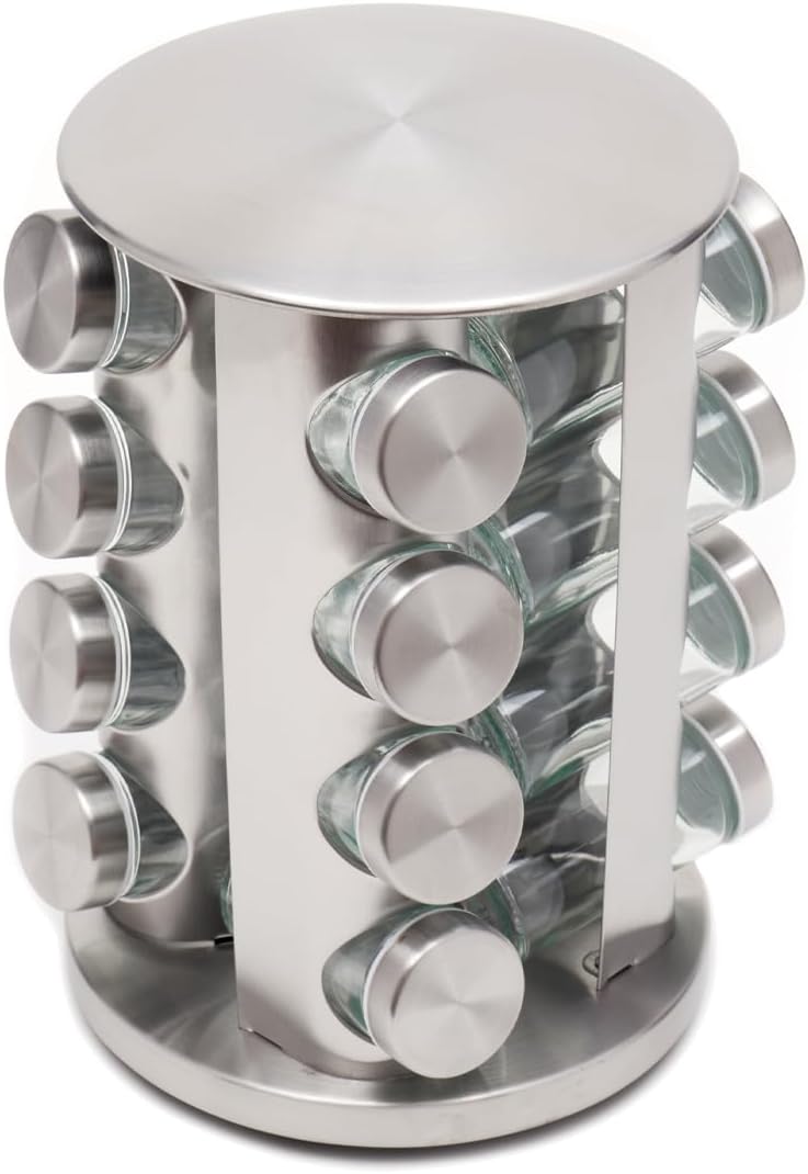 Revolving 16-Jar Spice Rack Carousel | 360° Rotating, Glass Jars, Brushed Silver Finish