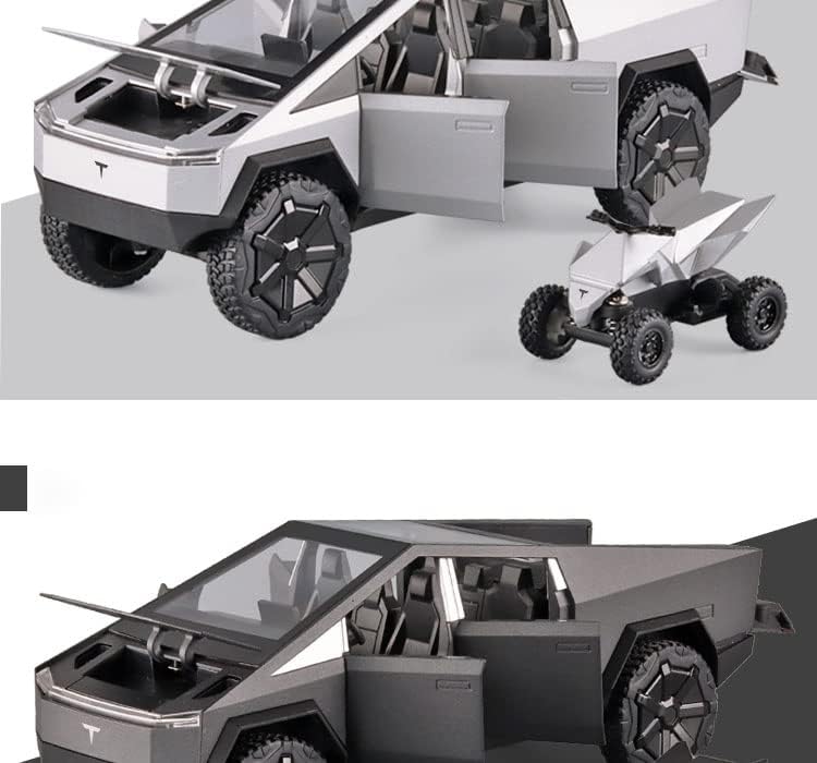 Tesla Cybertruck 1:32 Diecast Model Car with Motorcycle | Sound, Light & Pull Back Function