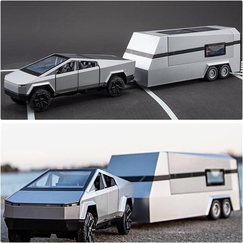 1:32 Diecast Cyber Pickup Truck & Trailer RV Model Set | Alloy, Light Effects, Kids Gift Age 4+