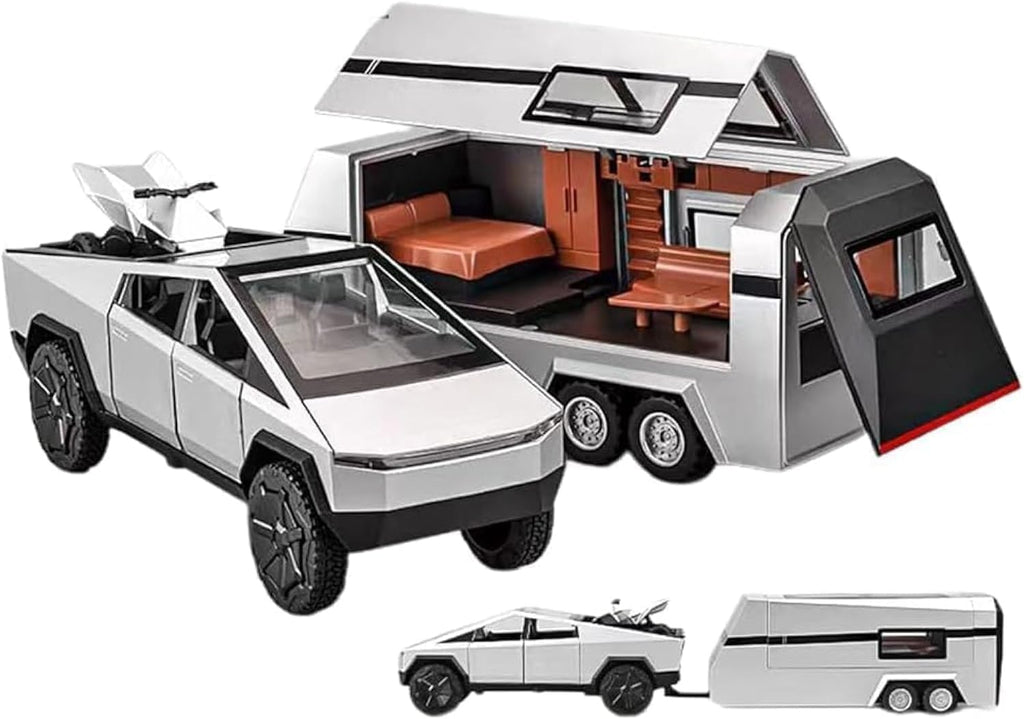 1:32 Diecast Cyber Pickup Truck & Trailer RV Model Set | Alloy, Light Effects, Kids Gift Age 4+