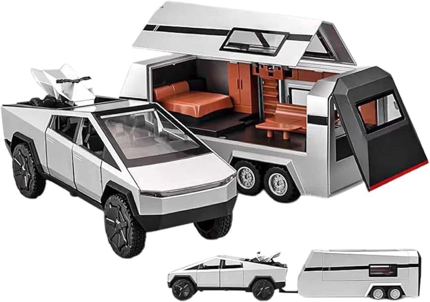 1:32 Diecast Cyber Pickup Truck & Trailer RV Model Set | Alloy, Light Effects, Kids Gift Age 4+