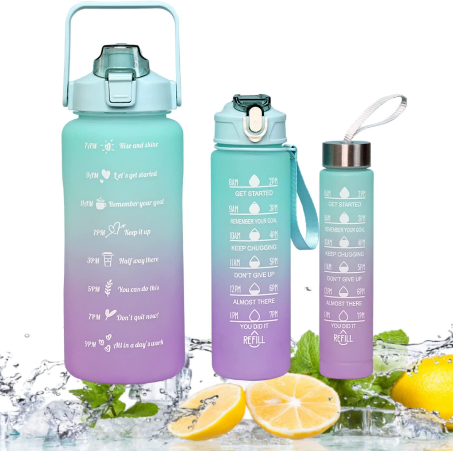 BPA-Free Motivational Water Bottle Set of 3 – 2L, 900ml & 500ml with Time Markers