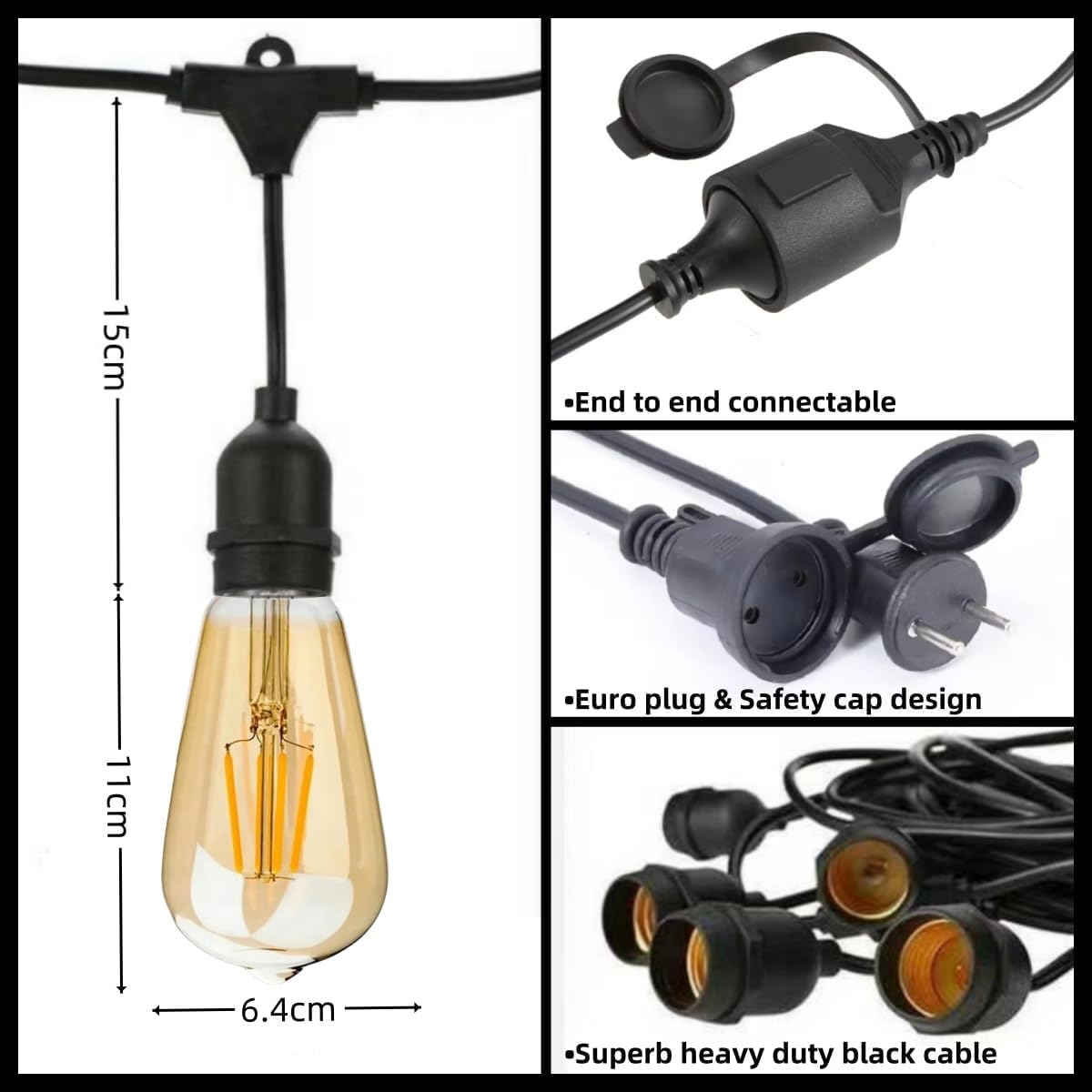Outdoor LED Festoon String Lights | 10M, 20 Bulbs, IP65 Waterproof, Connectable, Patio & Garden