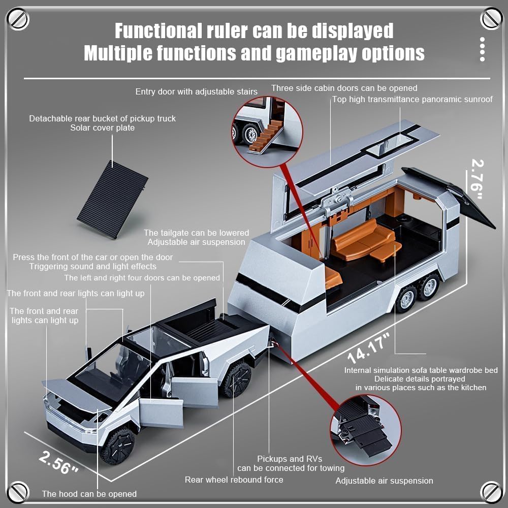 1:32 Diecast Cyber Pickup Truck & Trailer RV Model Set | Alloy, Light Effects, Kids Gift Age 4+