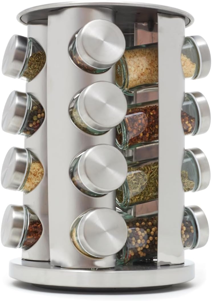 Revolving 16-Jar Spice Rack Carousel | 360° Rotating, Glass Jars, Brushed Silver Finish