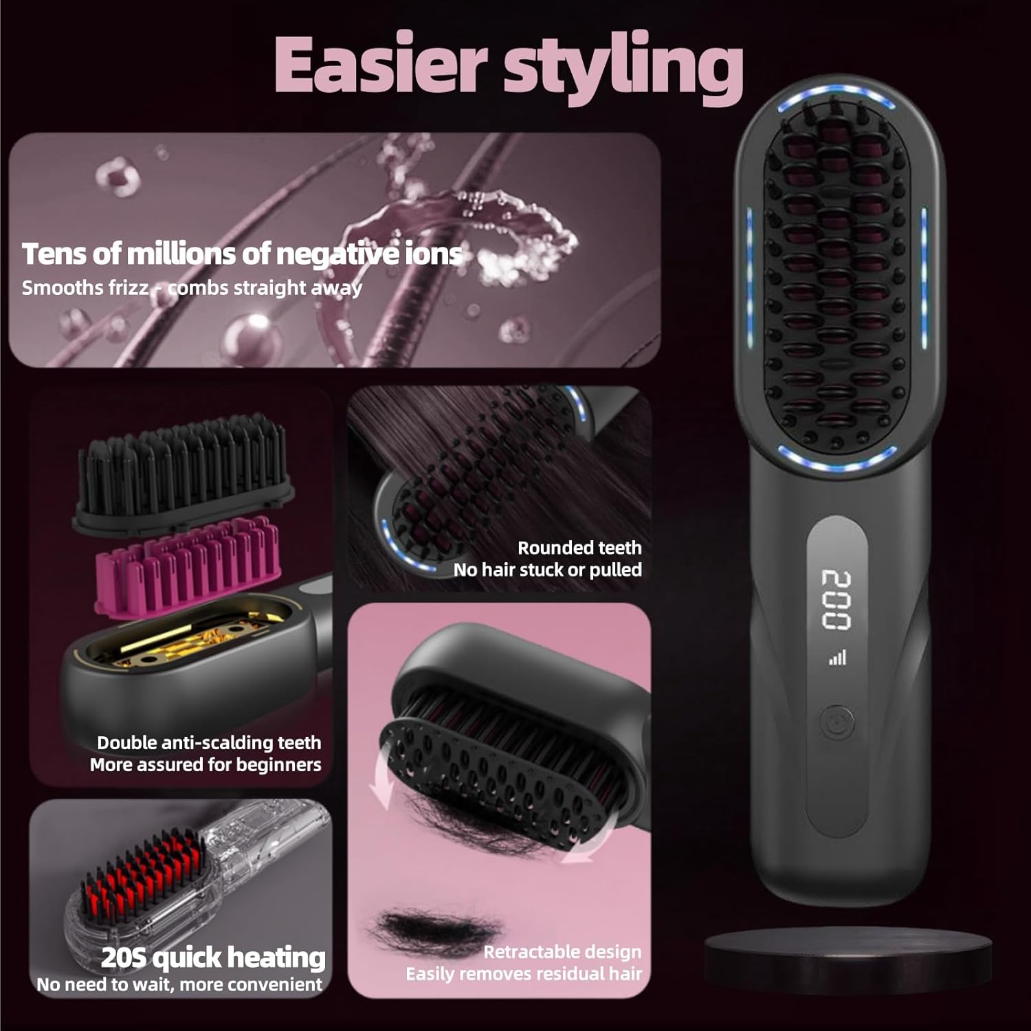 Cordless Hair Straightener Comb – 4 Heat Settings, Ionic & USB Rechargeable