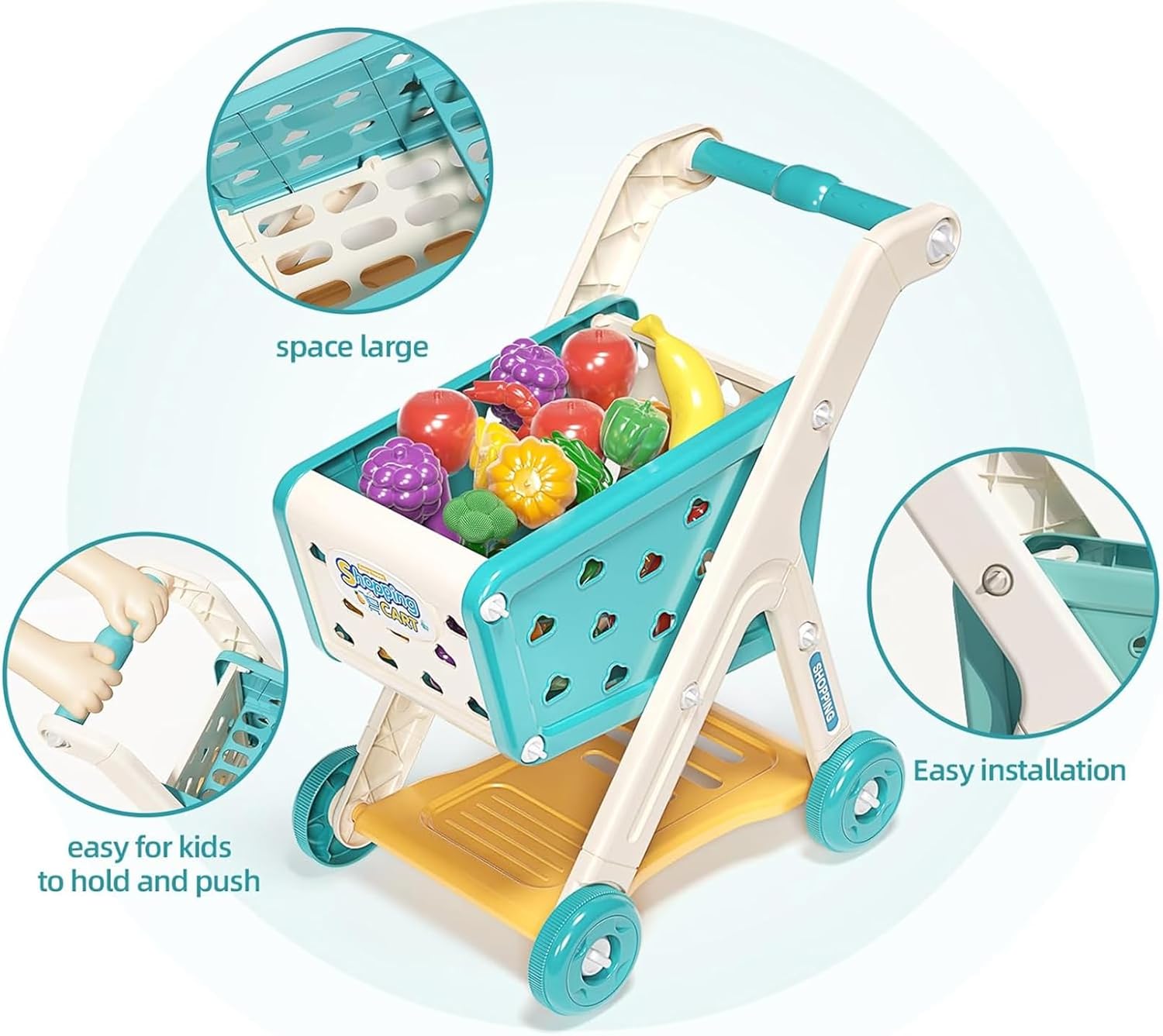 Kids Grocery Shopping Cart Playset | 26-Piece Pretend Food Set, Educational Toy, Age 3+