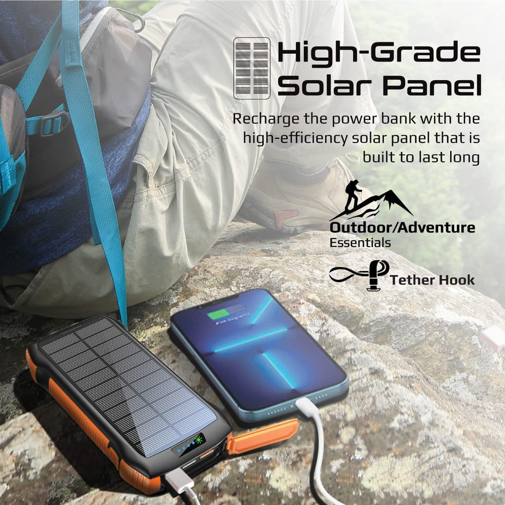 20000mAh Solar Power Bank | Wireless Charging, USB-C PD, QC 3.0, IP66, Charges 4 Devices