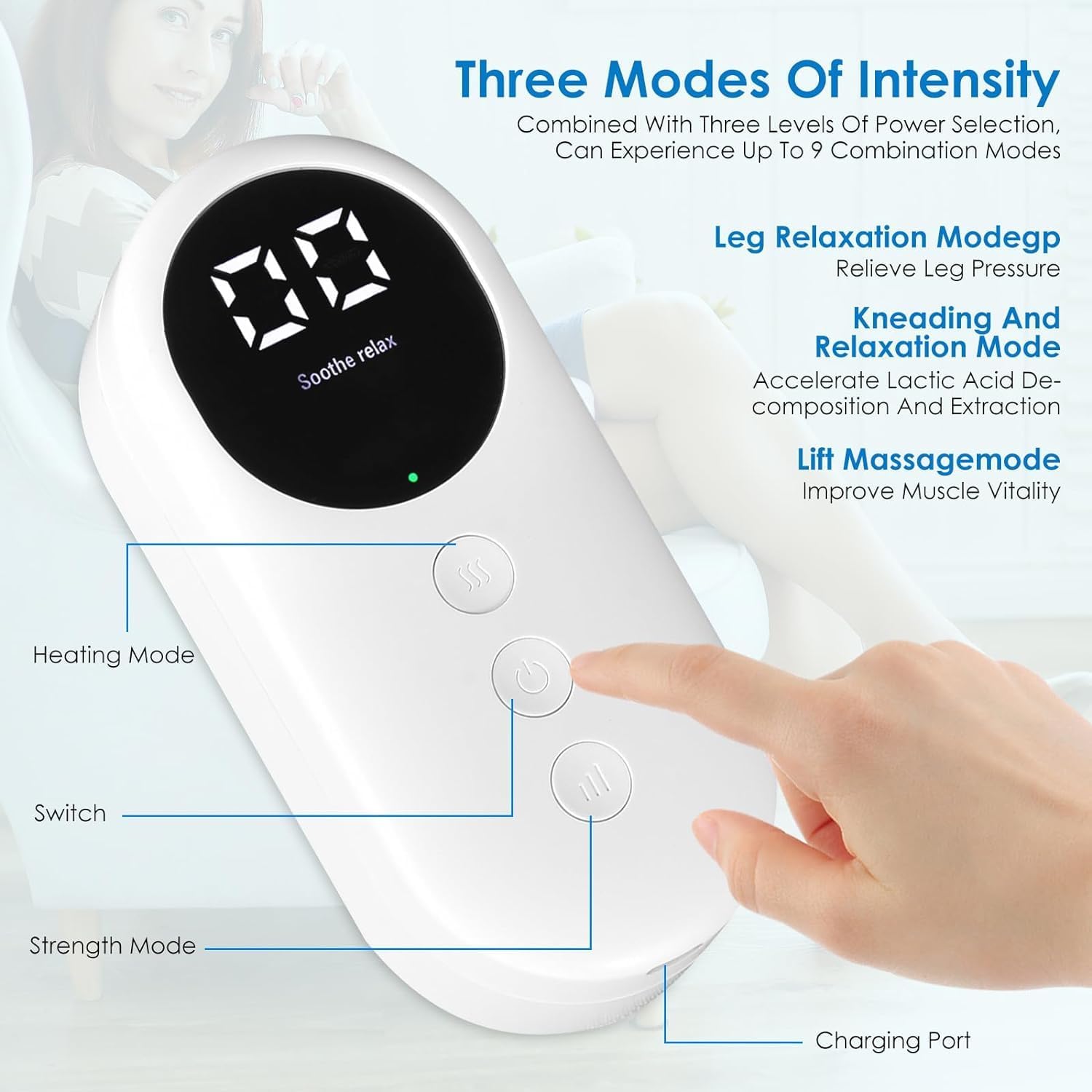 Electric Leg & Calf Compression Massager – Heat, 3 Modes & Cordless