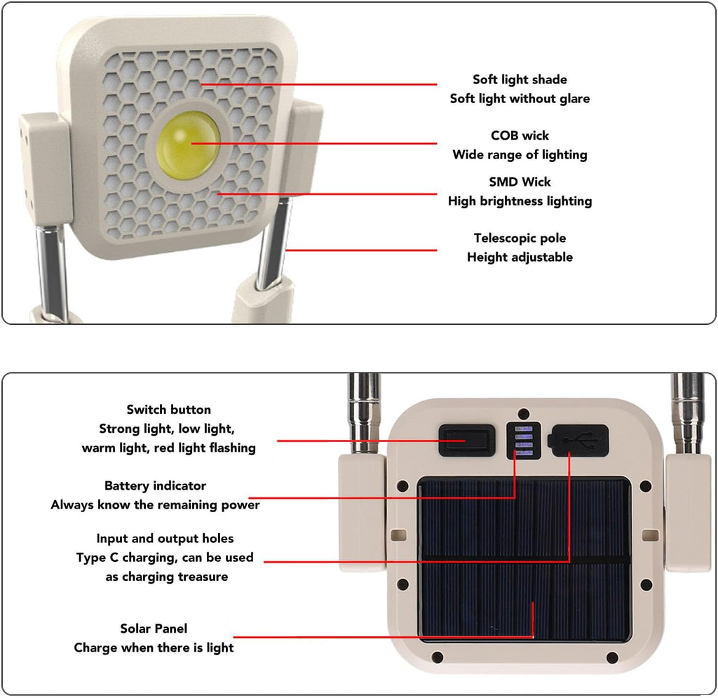 Solar Powered Work Light | 10000 Lumens, Adjustable Height 165.5cm, Rechargeable, Outdoor