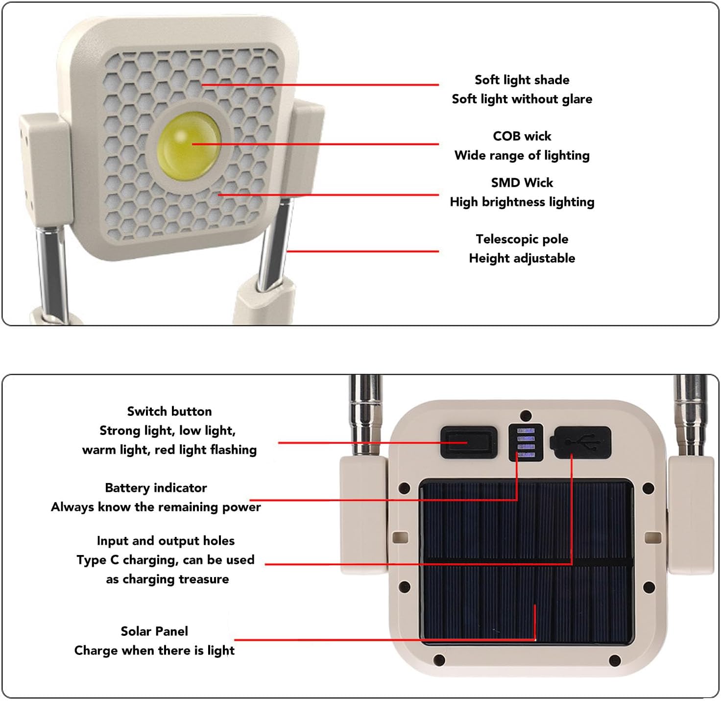 Solar Powered Work Light | 10000 Lumens, Adjustable Height 165.5cm, Rechargeable, Outdoor