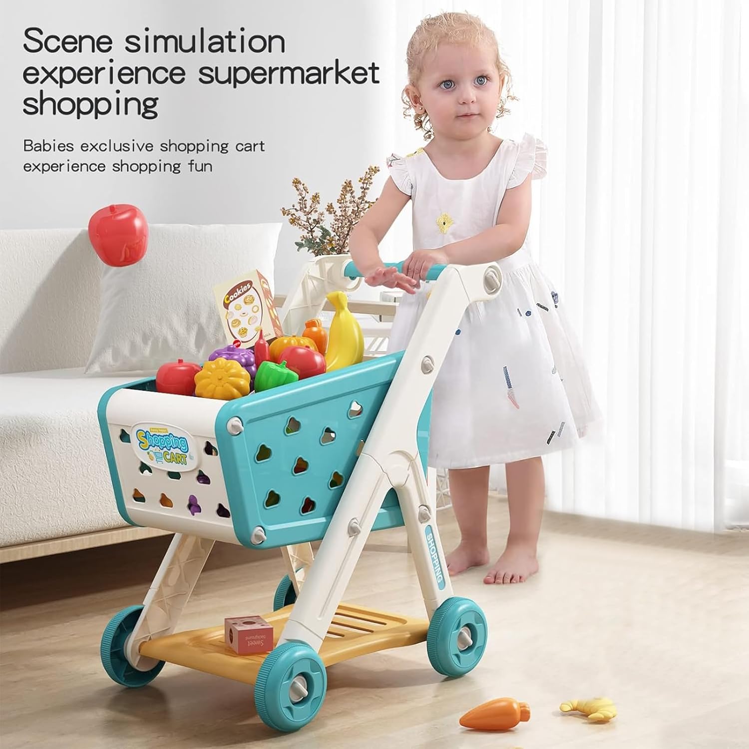 Kids Grocery Shopping Cart Playset | 26-Piece Pretend Food Set, Educational Toy, Age 3+