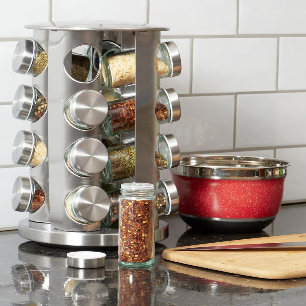 Revolving 16-Jar Spice Rack Carousel | 360° Rotating, Glass Jars, Brushed Silver Finish