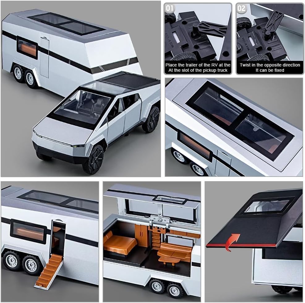 1:32 Diecast Cyber Pickup Truck & Trailer RV Model Set | Alloy, Light Effects, Kids Gift Age 4+