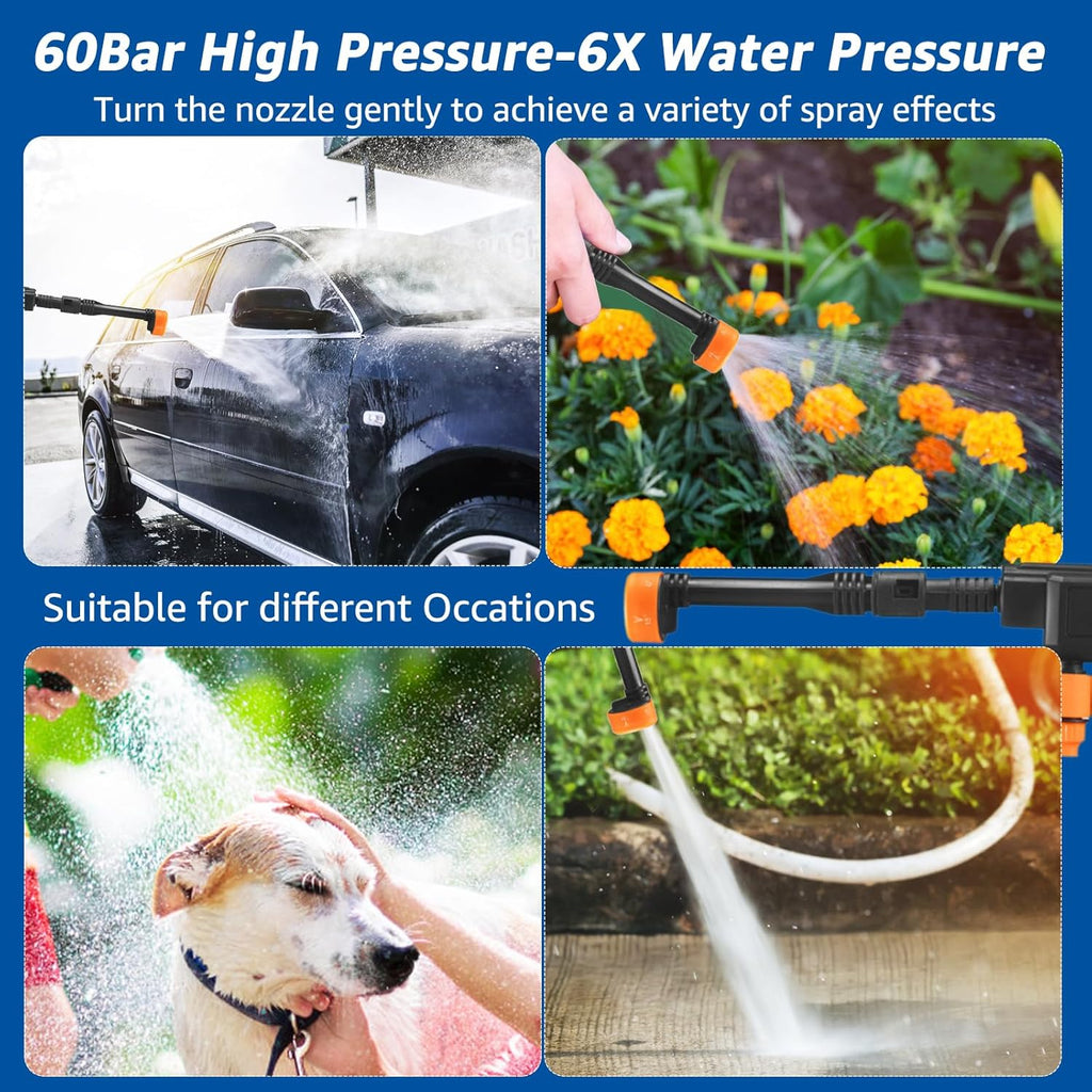 Cordless High Pressure Water Gun | 21V, 60 Bar, 6-Mode Nozzle, 2 Batteries Included