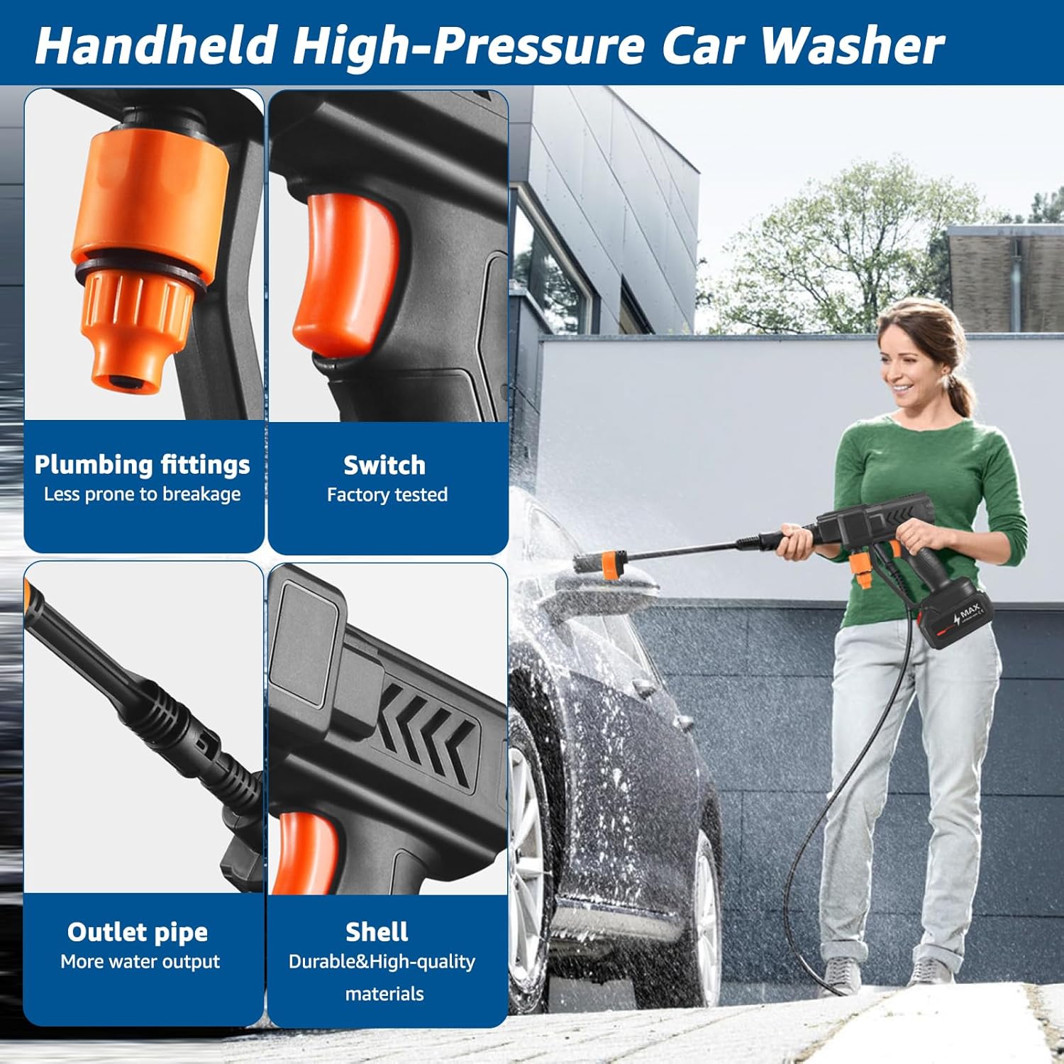 Cordless High Pressure Water Gun | 21V, 60 Bar, 6-Mode Nozzle, 2 Batteries Included