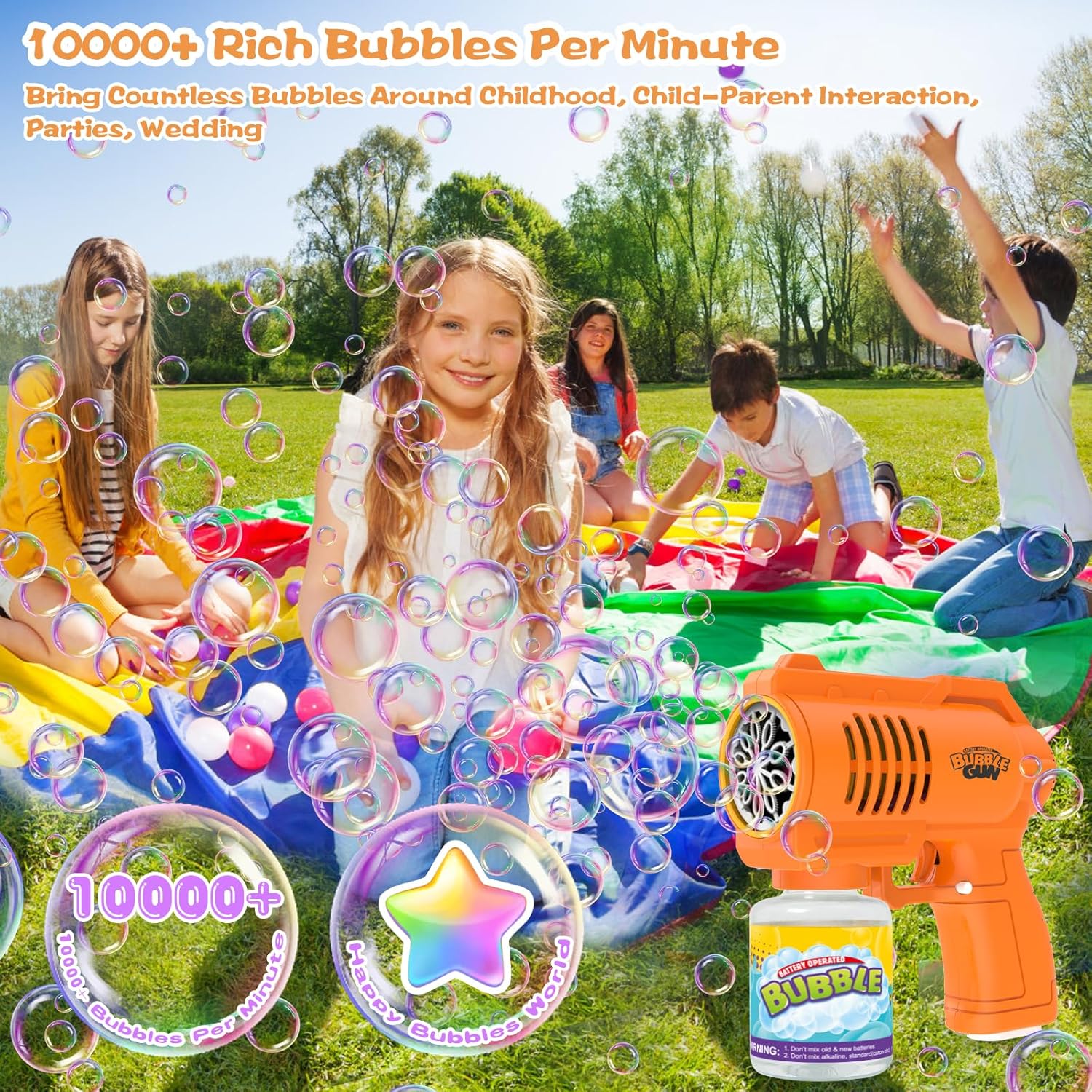 LED Bubble Gun Machine for Kids | 10,000+ Bubbles/Min, 10-Hole, Leak-Proof, 130ml Solution