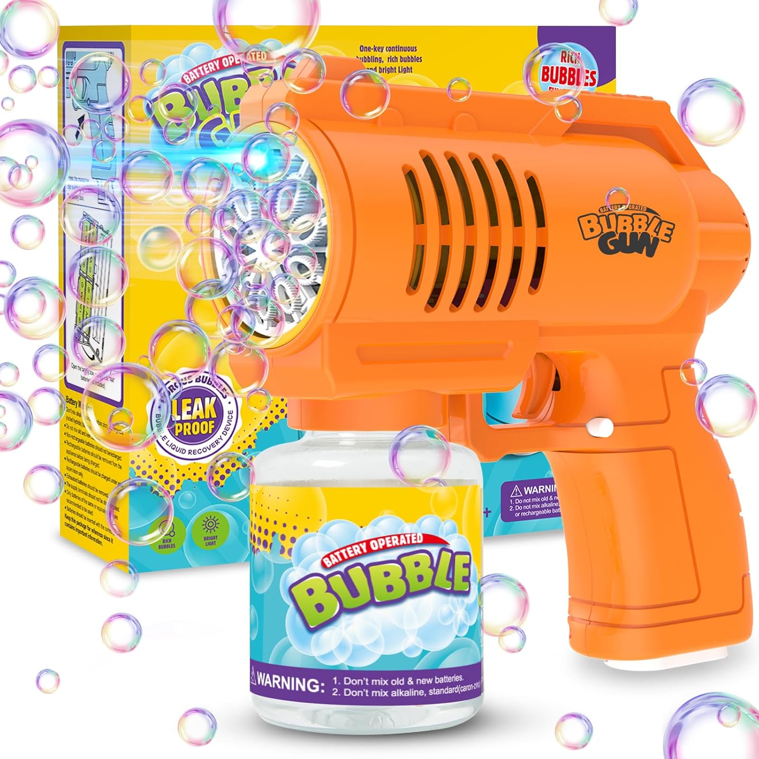 LED Bubble Gun Machine for Kids | 10,000+ Bubbles/Min, 10-Hole, Leak-Proof, 130ml Solution