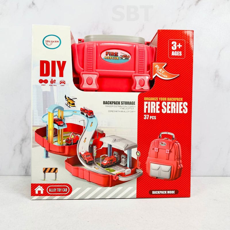2-in-1 Kids Backpack & DIY Parking Lot Playset | Fire Series, Alloy Cars, Age 3+