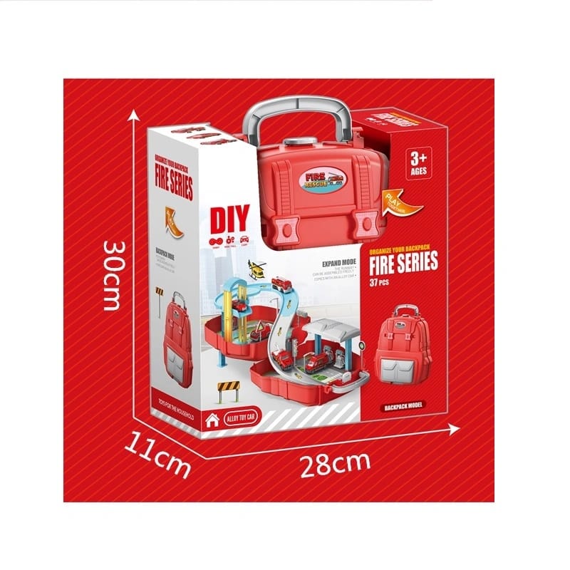 2-in-1 Kids Backpack & DIY Parking Lot Playset | Fire Series, Alloy Cars, Age 3+
