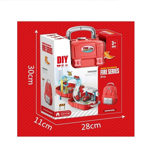2-in-1 Kids Backpack & DIY Parking Lot Playset | Fire Series, Alloy Cars, Age 3+